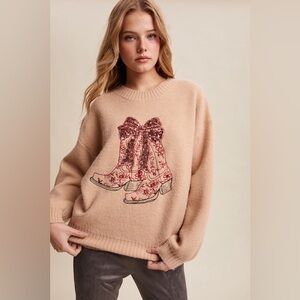 Sequin Bow Western Cowboy Boots Embroidered Sweater - Listicle